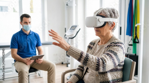 Senior woman using virtual reality goggles for rehabilitation therapy with a male therapist in a clinical setting