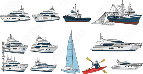 Luxury Yachts, Tugboats, Fishing Ships, and Kayaks Icon Set for Water Transport, Marine, and Sailing Adventures Vector Collection