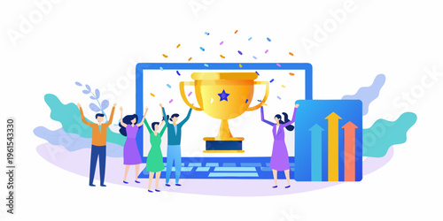 Team celebrates success with a trophy emerging from a laptop screen