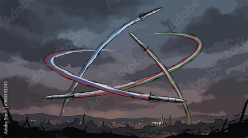 Conceptual Illustration of Missile Strikes and War Conflict