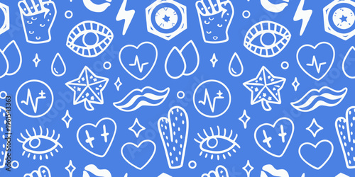 Whimsical pattern featuring hands eyes hearts and celestial symbols