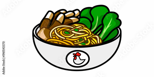 Cartoon illustration of ramen noodles with pork and vegetables in a bowl