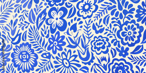 Intricate blue and white floral pattern with repeating botanical motifs