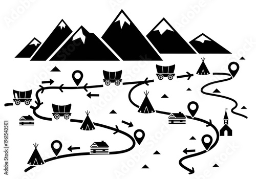 Stylized map illustrating an adventurous historical journey, charting a winding path through mountains, pioneer settlements, and navigational markers