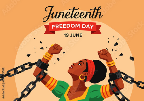 Empowered woman breaking free from chains, a vibrant symbol of liberation and the pursuit of equality, commemorating historic emancipation