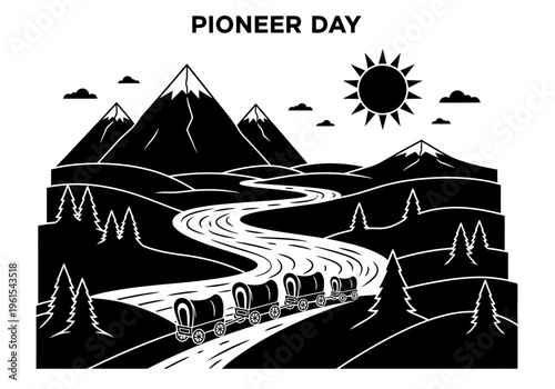 Illustration depicting a historical journey of covered wagons moving through a mountainous landscape with a river and sun, representing the pioneering spirit and westward expansion