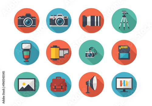 Vibrant collection of flat design photography icons representing essential camera equipment, accessories, and digital media tools for creative visual content and professional imaging