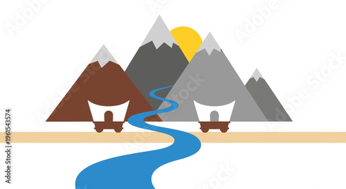 Stylized illustration of a tranquil mountain range with a winding river and two covered wagons, representing exploration and adventure in nature