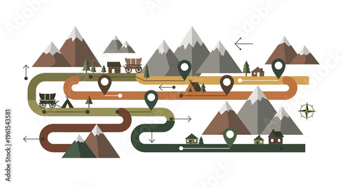 Flat design illustration of a winding mountain journey map, featuring diverse checkpoints, natural elements, and small settlements, symbolizing adventure and discovery