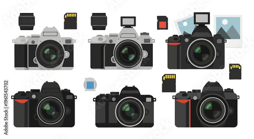 Modern and retro camera collection illustration with photography accessories, flash units, and memory cards, ideal for digital media and creative designs