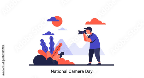 Dynamic vector illustration showcasing a passionate photographer capturing stunning outdoor scenery with a professional camera, embodying the spirit of creative exploration and visual artistry