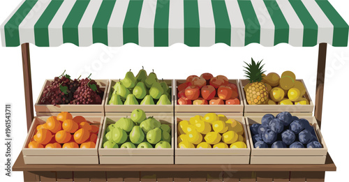 Colorful fruit stand with striped canopy displaying grapes, pears, apples, lemons, oranges, blueberries, and pineapples in wooden crates isolated on white background for healthy food concepts