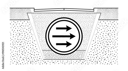 Underground Pipe with Arrows Indicating Fluid Flow Direction, Cross-Section View, Line Art Icon
