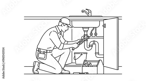 Diligent Plumber Repairing Leaky Pipes Under a Sink, Wearing a Cap and Work Uniform, Line Art Illustration