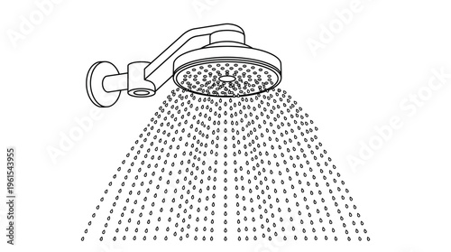 Round shower head with cascading water drops for a relaxing shower, isolated white background.