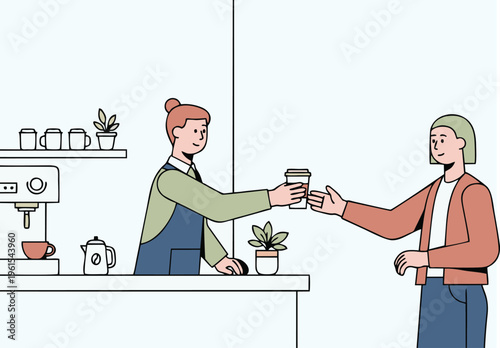 A professional businessman and woman in a suit enjoy a drawing of a waiter serving wine at a restaurant in this vector illustration of people at work