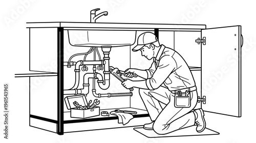 Plumber working on pipes under a kitchen sink with tools, isolated white background.