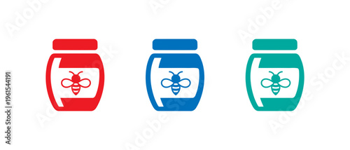 Colorful honey jars with bee icons on labels