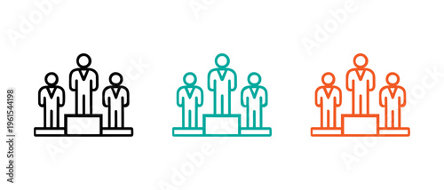 Groups of people standing on podiums in different colors