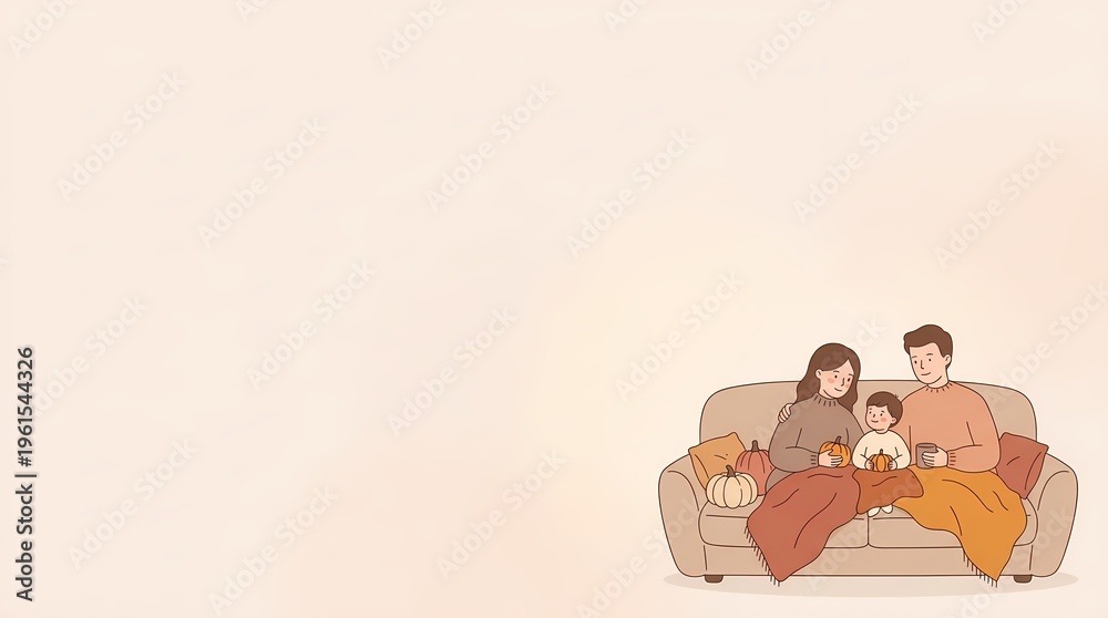 Fototapeta premium Cozy autumn illustration of a happy family with a child cuddling on the couch with pumpkins and a warm blanket.