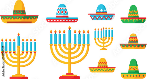 Colorful illustration of Mexican sombreros and Jewish menorahs with lit candles, combining cultural diversity, traditional celebration, and festive design for holiday and decorative themes