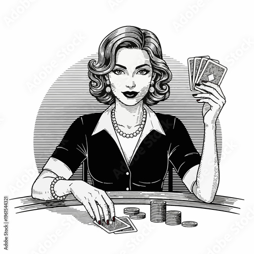 Vintage etching style vector illustration of a woman with retro styling and pearl necklace playing a poker card game at a table with stacked chips on a white background.