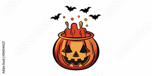 A bubbling cauldron shaped like a jack o lantern with flying bats