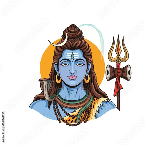 Vector illustration of Hindu deity Lord Shiva featuring blue skin, a third eye, crescent moon, and the River Ganga flowing from matted hair, holding a trident with damru drum.