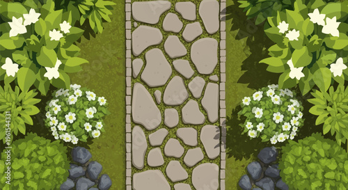 Top-down vector illustration of a garden walkway featuring irregular grey flagstones with a brick border, surrounded by green shrubs, white flowering bushes, and dark rocks.