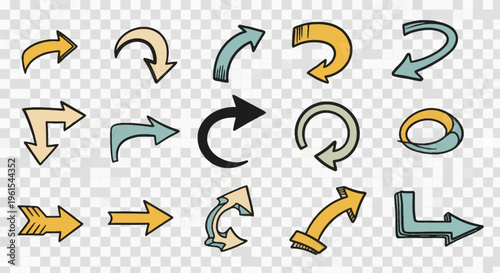Collection of fifteen hand-drawn doodle arrows in muted yellow, teal, and beige. Includes curved, straight, circular, and angled directional icons with sketchy black outlines and hatching details.