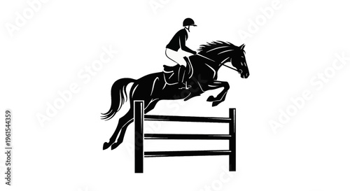 Black and white high-contrast vector illustration of an equestrian rider wearing a helmet and jacket, jumping a horse over a triple-rail obstacle in a show jumping competition.