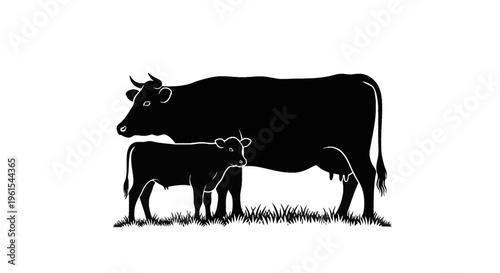 Black and white silhouette of a mother cow and her small calf standing together on a patch of grass, side profile view of livestock farm animals isolated on a white background.