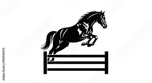 Detailed black and white vector illustration of a powerful horse jumping over a three-rail wooden fence hurdle in a show jumping competition isolated on a white background.