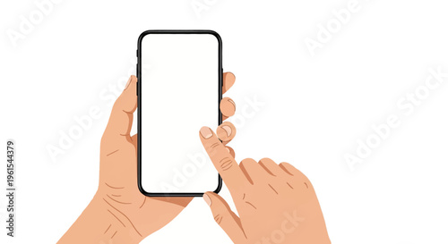Vector illustration of a person's hands holding a modern smartphone with a blank white screen and touching the display, isolated on a white background for mobile app mockup.