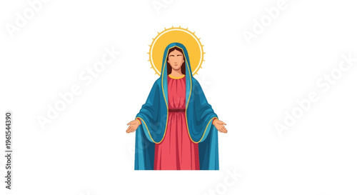 Full body vector illustration of the Virgin Mary wearing a blue mantle over a red robe with a golden halo and rays, standing with open arms and palms isolated on a white background.