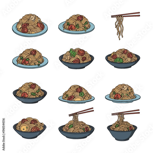 Set of twelve hand-drawn vector icons featuring various pasta and noodle dishes served in bowls and plates with cherry tomatoes, fresh herbs, and wooden chopsticks on white background.