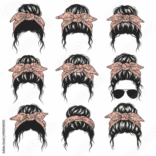 Set of nine messy bun hairstyle illustrations with black hair and pink patterned headbands, featuring hair strand variations and one version with aviator sunglasses on white background.