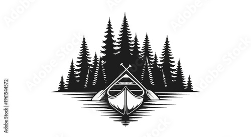 Monochrome vector illustration of a canoe with crossed paddles on a calm lake with water ripples, set against a dense silhouette of coniferous pine trees on a white background.