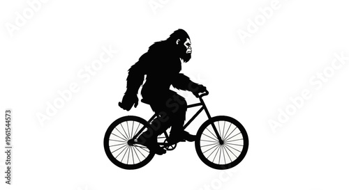 Detailed black silhouette vector illustration of a Bigfoot Sasquatch cryptid riding a bicycle, side profile view of legendary creature cycling, isolated on a white background.