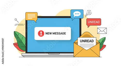 Vector illustration of a laptop computer displaying a new message notification on the screen next to an open envelope with an unread letter, speech bubbles, and flat icons.