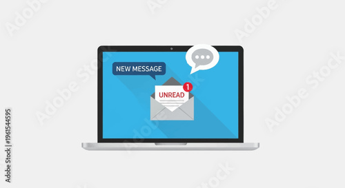 Vector illustration of a laptop computer screen displaying a new message notification alert with an open envelope icon, red numerical badge, unread text label, and speech bubble.