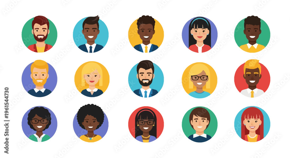 Fototapeta premium Vector illustration set of fifteen diverse human avatars including men and women of different ethnicities, hair colors, and styles in colorful circular icons on a white background.