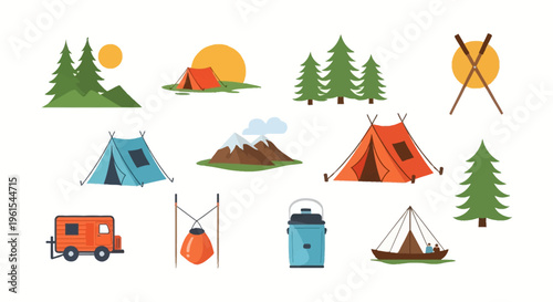 Vector illustration set of camping and outdoor adventure icons featuring diverse tents, pine trees, snow-capped mountains, sunset, camper trailer, canteen, and rowing oars on white.