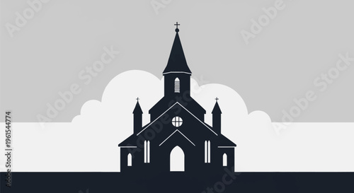 Silhouette of a traditional church building with a tall central bell tower, steeple, and cross, flanked by two side spires against a flat grey background with white cloud shapes.