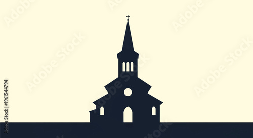Silhouette vector illustration of a traditional Christian church building featuring a tall steeple with a cross, arched windows, and a central entrance on a solid light background.