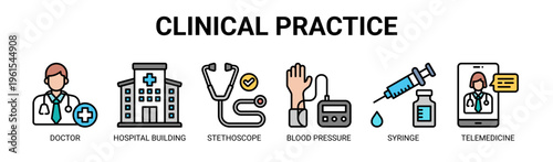 Clinical Practice web banner icon vector illustration concept with icons of doctor, hospital building, stethoscope, blood pressure, syringe, and telemedicine.