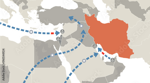 Geopolitical Map of the Middle East Highlighting Iran with Strategic Routes