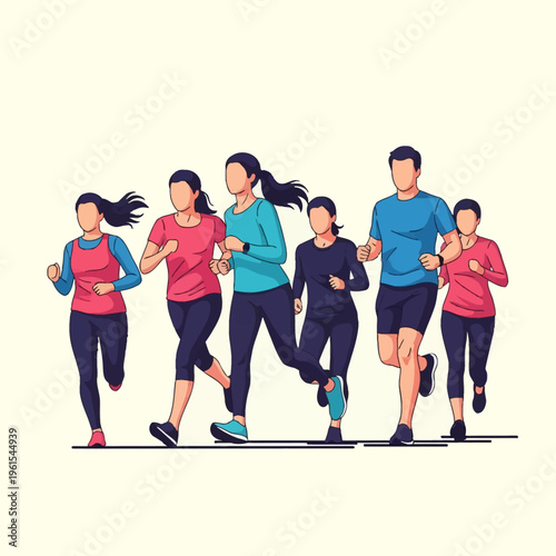 Flat vector illustration of a group of six faceless men and women jogging in a line, wearing colorful sports apparel like t-shirts and leggings, isolated on a light background.