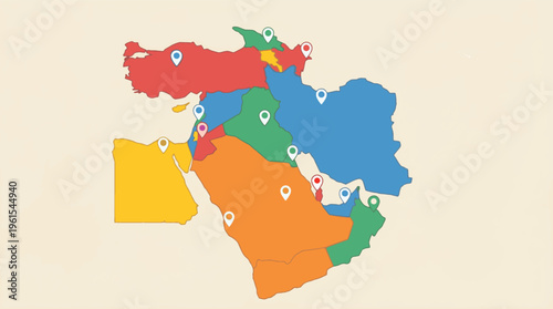 Colorful Stylized Map of the Middle East with Location Pins