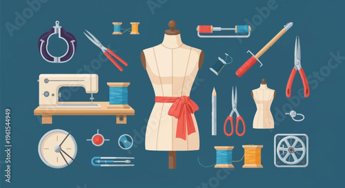 Flat vector illustration of tailoring tools featuring a dress form mannequin with a red bow, sewing machine, multiple scissors, thread spools, and haberdashery equipment on blue.